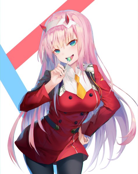 Anime picture 792x1000 with darling in the franxx studio trigger zero two (darling in the franxx) soya (torga) single long hair tall image looking at viewer fringe white background pink hair horn (horns) aqua eyes hand on hip girl pantyhose food sweets black pantyhose headband