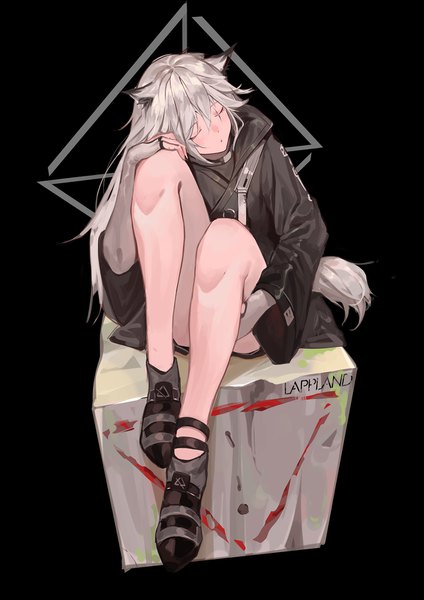 Anime picture 1240x1754 with arknights lappland (arknights) krin single long hair tall image fringe simple background hair between eyes sitting animal ears silver hair full body bent knee (knees) tail eyes closed animal tail from above wide sleeves character names