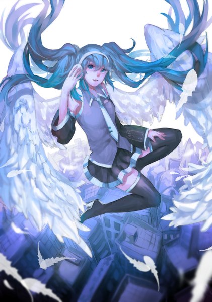 Anime picture 1800x2563 with vocaloid hatsune miku sunyuqian single tall image looking at viewer highres blue eyes twintails blue hair very long hair from above high heels city flying angel wings white wings hand on headphones girl thighhighs