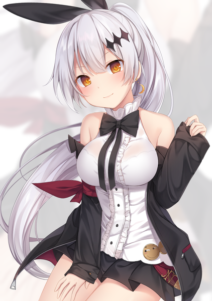 Anime picture 1100x1565 with girls frontline five-seven (girls frontline) nachi single long hair tall image looking at viewer blush fringe breasts light erotic hair between eyes large breasts sitting bare shoulders brown eyes silver hair ponytail head tilt pleated skirt