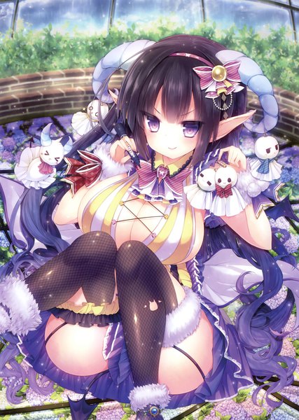 Anime picture 2489x3500 with original kabocha usagi single tall image looking at viewer highres breasts light erotic black hair large breasts purple eyes cleavage very long hair horn (horns) pointy ears scan official art girl thighhighs dress