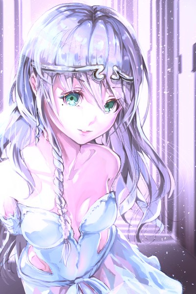 Anime picture 1000x1500 with original smile (qd4nsvik) single long hair tall image looking at viewer fringe breasts bare shoulders braid (braids) head tilt lips aqua hair mole mole under eye side braid girl dress circlet