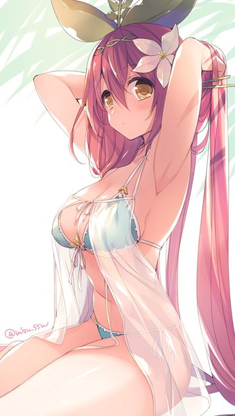 Anime picture 600x1060 with granblue fantasy yggdrasil (granblue fantasy) mizuno (suisuiw) single long hair tall image looking at viewer blush fringe breasts light erotic simple background hair between eyes white background sitting twintails signed pink hair cleavage hair flower