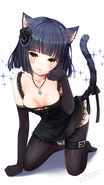 Anime picture 1080x1920 with original omoomomo single tall image looking at viewer blush fringe short hair breasts light erotic black hair simple background white background animal ears yellow eyes cleavage full body tail blunt bangs animal tail