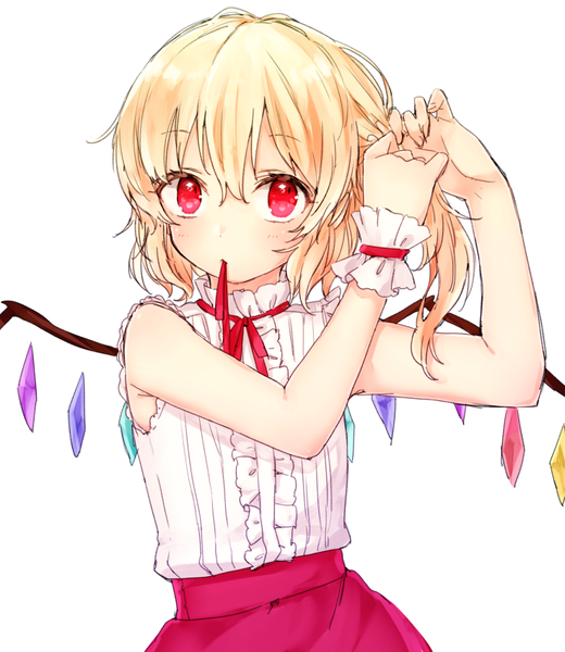 Anime picture 738x852 with touhou flandre scarlet honotai single tall image blush fringe short hair blonde hair simple background hair between eyes red eyes white background bare shoulders holding looking away upper body alternate costume sleeveless one side up