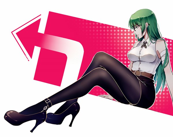 イラスト 1580x1250 と 黒子のバスケ プロダクション・アイジー midorima shintarou くらさき 賢 ソロ 長髪 白背景 肩出し 緑の目 looking away プロフィール green hair high heels legs 足を組む 性転換 女の子 スカート ミニスカート パンスト