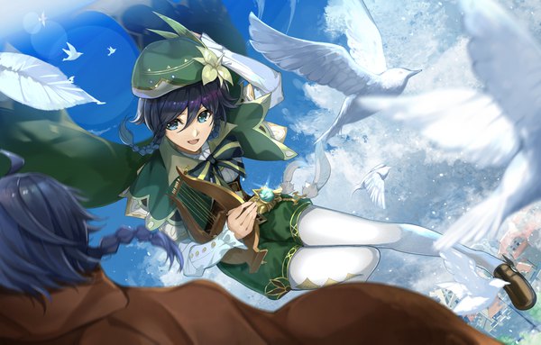 Anime picture 1491x952 with genshin impact venti (genshin impact) nameless bard (genshin impact) okura shito fringe short hair open mouth blue eyes black hair hair between eyes sky cloud (clouds) braid (braids) :d from above multiple boys flying boy animal pantyhose
