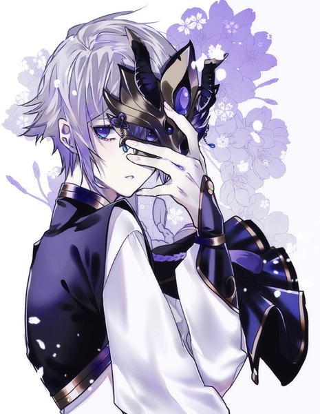 Anime picture 1429x1845 with fate (series) fate/grand order prince of lan ling (fate) kaa single tall image looking at viewer fringe short hair hair between eyes purple eyes holding upper body grey hair boy mask