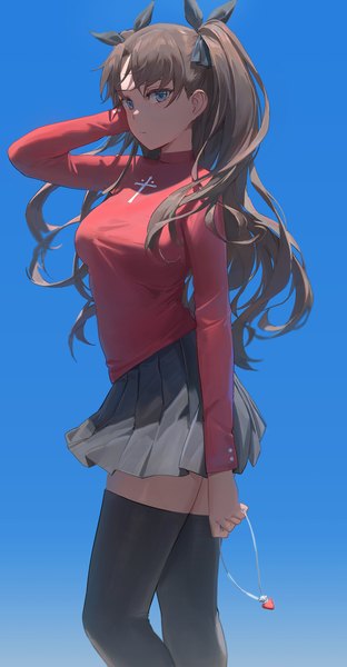 Anime picture 1500x2882 with fate (series) fate/stay night toosaka rin free style (yohan1754) single long hair tall image looking at viewer fringe breasts blue eyes black hair simple background standing long sleeves pleated skirt arm up two side up zettai ryouiki blue background