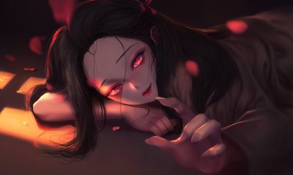 Anime picture 3411x2044 with kimetsu no yaiba ufotable kamado nezuko baikalseal single long hair looking at viewer highres open mouth black hair red eyes wide image absurdres indoors lying fingernails lips on stomach girl petals