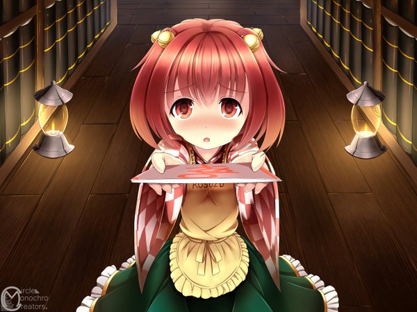 Anime picture 1440x1080 with touhou motoori kosuzu inyuppo (artist) single blush short hair open mouth red eyes pink hair two side up hair bell girl dress book (books) bell jingle bell