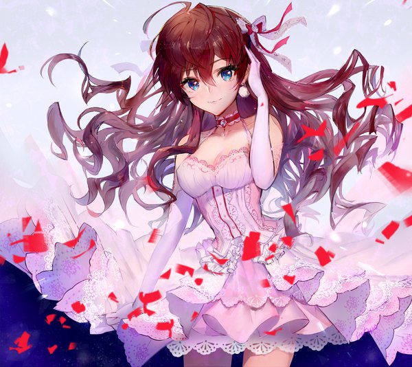 Anime picture 1572x1401 with idolmaster idolmaster cinderella girls idolmaster cinderella girls starlight stage ichinose shiki juukyuuhyaku (tsukuwo243) single long hair looking at viewer blush fringe breasts blue eyes smile hair between eyes brown hair standing cleavage ahoge floating hair wavy hair