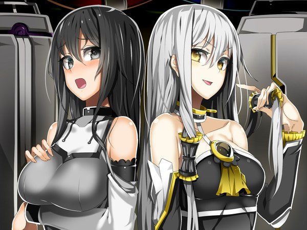 Anime picture 2240x1680 with original tagme (artist) tetora-sama long hair looking at viewer blush fringe highres breasts open mouth black hair large breasts bare shoulders multiple girls yellow eyes white hair grey eyes girl 2 girls