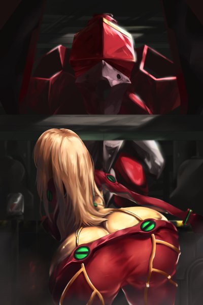 Anime picture 1200x1800 with neon genesis evangelion gainax soryu asuka langley bbayu single long hair tall image light erotic blonde hair ass from behind girl bodysuit robot
