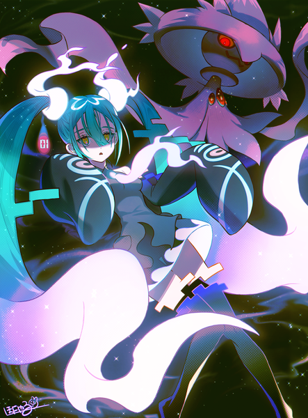 Anime picture 2275x3078 with pokemon vocaloid nintendo project voltage hatsune miku mismagius ghost miku (project voltage) honyaru (nanairo39) single tall image looking at viewer fringe highres hair between eyes signed yellow eyes long sleeves very long hair aqua hair gradient hair