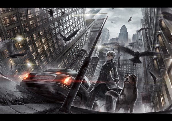 Anime picture 1200x849 with original lif (lif-ppp) single fringe short hair blonde hair standing sky cloud (clouds) from below city letterboxed cityscape crack girl gloves animal black gloves bird (birds) building (buildings)