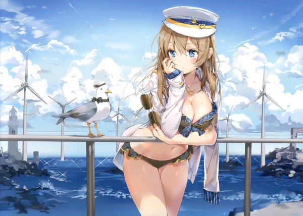 Anime picture 3898x2783 with tokyo 7th sisters alessandra susu anmi single long hair blush fringe highres blue eyes light erotic hair between eyes brown hair standing holding payot looking away absurdres sky cloud (clouds) outdoors