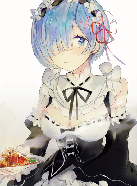 Anime picture 900x1223 with re:zero kara hajimeru isekai seikatsu white fox rem (re:zero) poni (rito) single tall image fringe short hair blue eyes simple background white background blue hair cleavage upper body hair over one eye maid girl uniform detached sleeves food