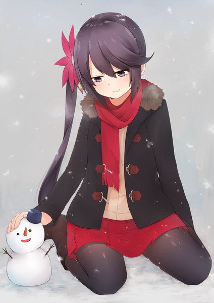 Anime picture 1132x1600 with kantai collection akebono destroyer akky (akimi1127) single long hair tall image fringe hair between eyes sitting purple eyes purple hair hair flower alternate costume fur trim side ponytail wariza snowing snow exhalation hair bell