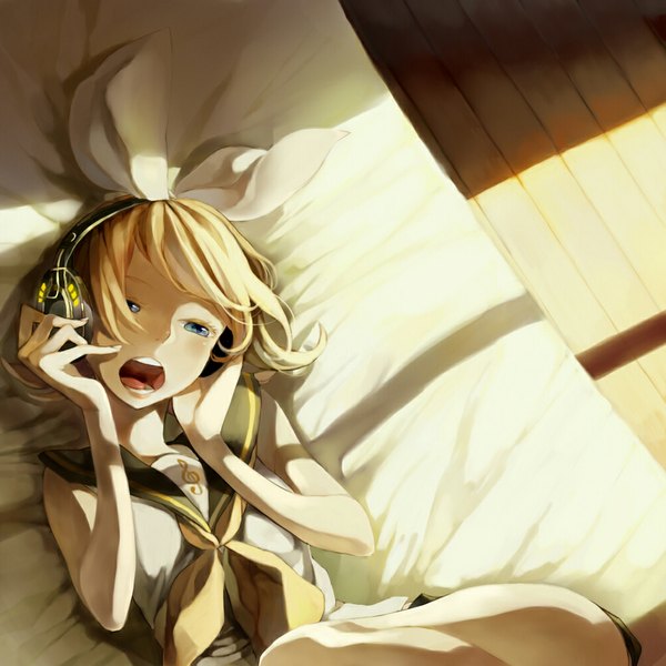 Anime picture 1024x1024 with vocaloid kagamine rin gou (tomero) single short hair open mouth blue eyes blonde hair lying singing girl serafuku headphones bed