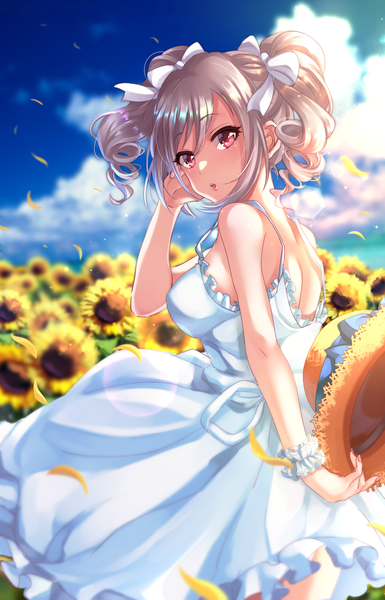 Anime picture 1204x1877 with idolmaster idolmaster cinderella girls kanzaki ranko shashaki single tall image looking at viewer blush fringe short hair breasts open mouth hair between eyes red eyes standing twintails bare shoulders holding sky silver hair