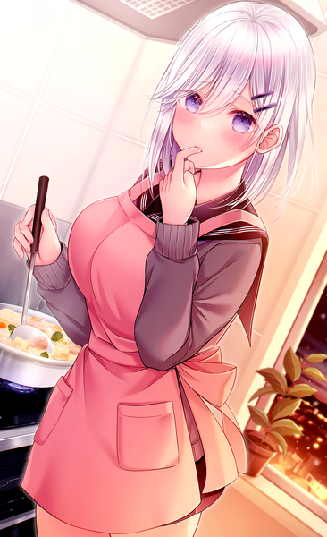 Anime picture 2947x4837 with original kuro namako single long hair tall image looking at viewer blush fringe highres breasts hair between eyes standing purple eyes holding white hair indoors long sleeves mole dutch angle mole under eye