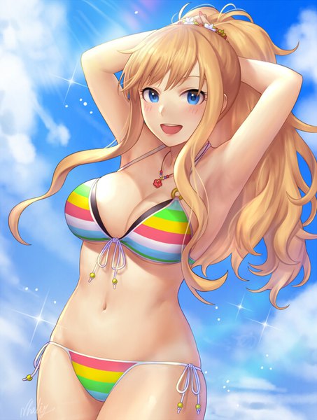 Anime picture 639x845 with idolmaster idolmaster cinderella girls ootsuki yui nhaliz single long hair tall image looking at viewer blush fringe breasts open mouth blue eyes light erotic blonde hair smile hair between eyes large breasts standing signed
