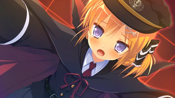 Anime picture 1280x720 with naka no hito nado inai amamoto rui nimura yuuji blush short hair open mouth blonde hair wide image purple eyes game cg tears girl hair ornament bow hair bow hairclip peaked cap