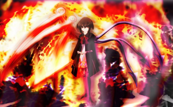 Anime picture 1650x1029 with touhou houjuu nue bouzu (pivuv) single short hair red eyes brown hair wide image girl sword wings fire