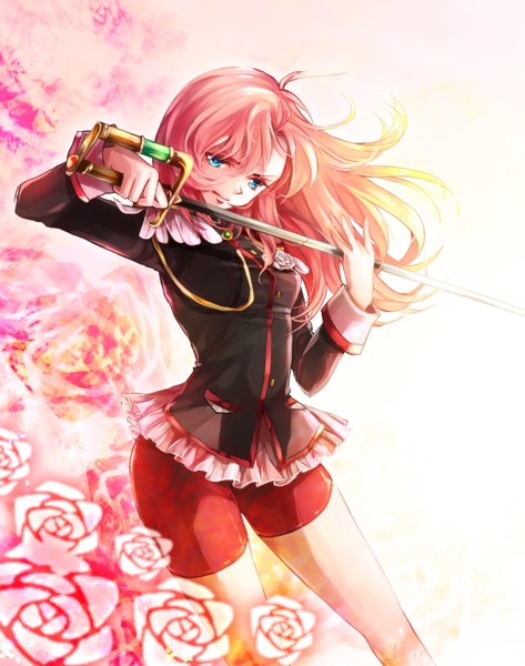 Anime picture 1120x1422 with revolutionary girl utena j.c. staff tenjou utena awa toka single long hair tall image blue eyes pink hair girl uniform sword shorts rose (roses) military uniform