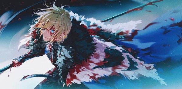 Anime picture 4096x2005 with fire emblem fire emblem: three houses nintendo dimitri alexandre blaiddyd xxlsid48 single looking at viewer fringe highres short hair blue eyes blonde hair wide image holding absurdres hair over one eye blood on face bloody clothes boy weapon
