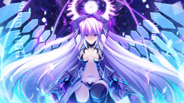 Anime picture 1024x576 with soukoku no arterial single long hair breasts light erotic wide image purple eyes game cg white hair magic girl gloves navel elbow gloves