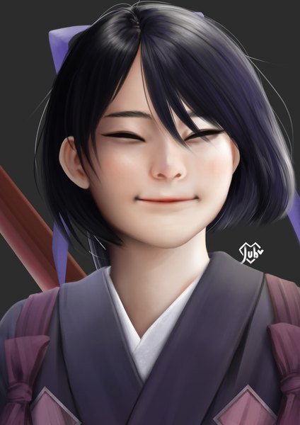 Anime picture 1920x2716 with original jubi (regiana) single tall image fringe highres short hair black hair smile hair between eyes eyes closed traditional clothes japanese clothes grey background lipstick portrait borrowed character girl