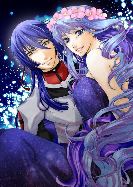 Anime picture 600x847 with macross macross frontier sheryl nome saotome alto kiwamu long hair tall image fringe blue eyes simple background smile hair between eyes standing sitting bare shoulders yellow eyes payot blue hair purple hair upper body