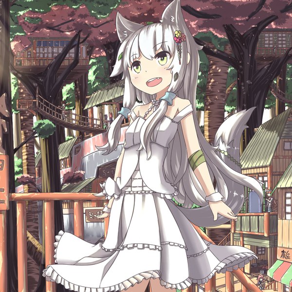 Anime picture 1080x1080 with original hinbackc long hair fringe open mouth smile hair between eyes bare shoulders multiple girls green eyes animal ears looking away outdoors white hair tail :d animal tail hair flower fox ears hieroglyph