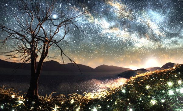 Anime picture 1970x1200 with original y-k highres wide image sky glowing horizon mountain no people landscape scenic bare tree milky way plant (plants) tree (trees) star (stars) grass fireflies