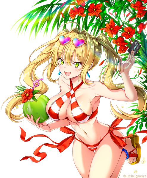 Anime picture 710x862 with fate (series) fate/grand order nero claudius (fate) (all) nero claudius (swimsuit caster) (fate) uchuu gorira single long hair tall image blush fringe breasts open mouth light erotic simple background blonde hair smile hair between eyes large breasts standing white background