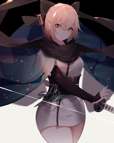Anime picture 2000x2500 with fate (series) fate/grand order koha-ace okita souji (fate) (all) okita souji (koha-ace) kisui single tall image looking at viewer blush fringe highres short hair breasts simple background blonde hair hair between eyes standing holding green eyes