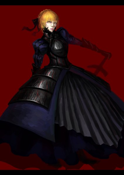 Anime picture 2480x3508 with fate (series) fate/stay night fate/zero studio deen type-moon artoria pendragon (all) saber alter cmy single tall image highres simple background blonde hair yellow eyes realistic depth of field red background girl dress ribbon (ribbons)
