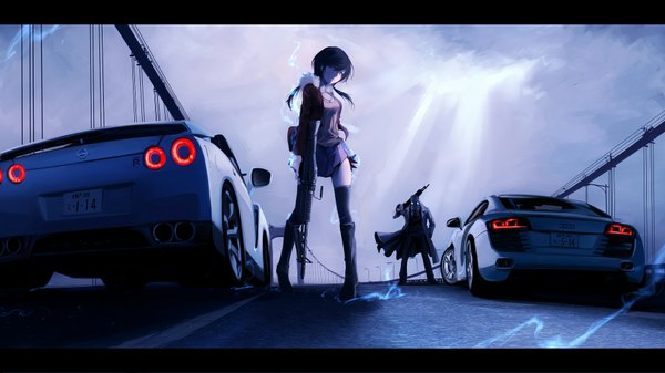 Anime picture 1920x1080 with original nissan audi koh (minagi kou) long hair highres short hair black hair wide image open clothes open jacket letterboxed girl thighhighs dress boy skirt weapon black thighhighs boots