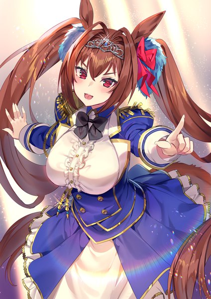 Anime picture 1200x1697 with umamusume daiwa scarlet (umamusume) yoshimoto (dear life) single tall image blush fringe open mouth hair between eyes red eyes brown hair twintails animal ears tail very long hair :d animal tail sparkle spread arms horse ears