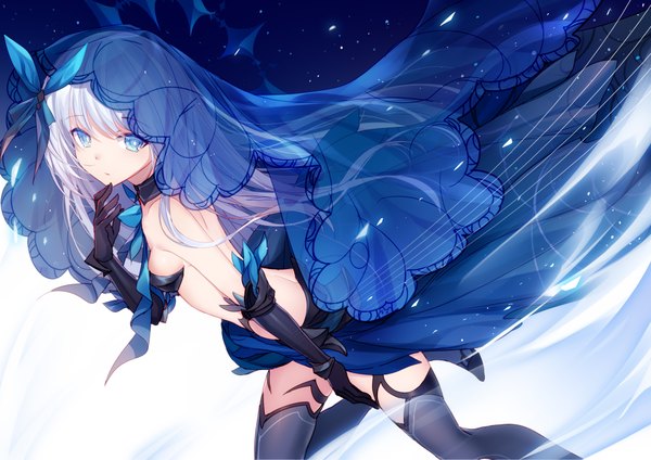 Anime picture 1920x1357 with date a live tobiichi origami bison cangshu single long hair looking at viewer fringe highres breasts blue eyes light erotic simple background hair between eyes white hair floating hair girl thighhighs skirt gloves black thighhighs