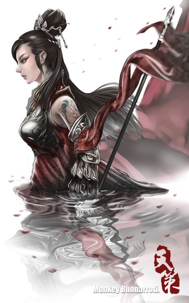Anime picture 2214x3536 with monkey (weibo) single long hair tall image highres black hair white background signed profile grey eyes tattoo girl hair ornament petals armor