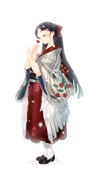 Anime picture 1535x3035 with original lu (tabasa1991) single long hair tall image fringe black hair simple background standing white background holding full body eyes closed traditional clothes head tilt japanese clothes profile light smile wide sleeves floral print