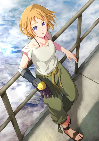 Anime picture 848x1200 with decadence (anime) natsume (decadence) ocza single tall image looking at viewer short hair blue eyes blonde hair standing full body from above girl railing prosthesis