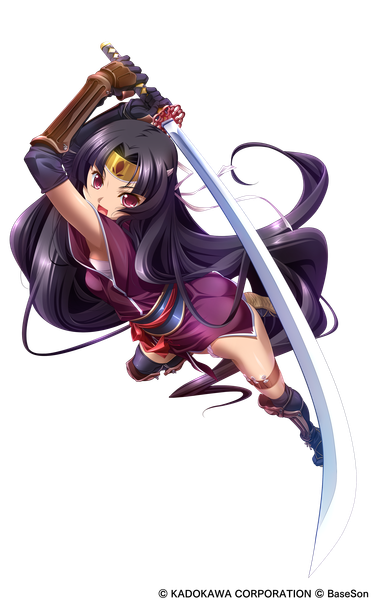 Anime picture 2766x4429 with koihime musou doga kobo shuutai hikage eiji single long hair tall image looking at viewer highres open mouth black hair full body pink eyes scan official art transparent background girl thighhighs weapon black thighhighs