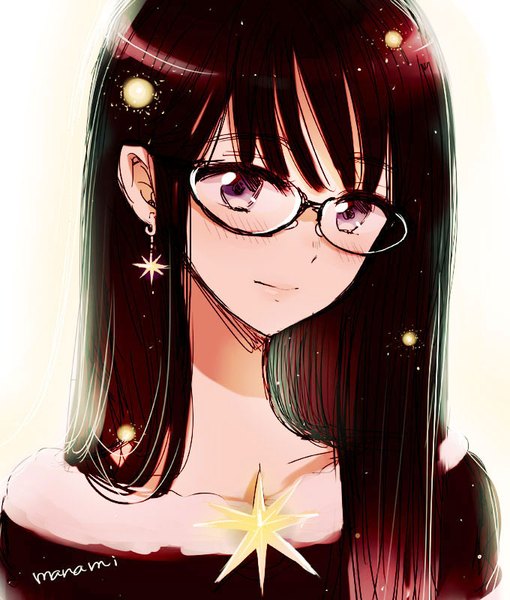 Аниме картинка 680x800 с himawari-san himawari-san (character) sugano manami один (одна) длинные волосы высокое изображение румянец чёлка простой фон каштановые волосы фиолетовые глаза подписанный верхняя часть тела лёгкая улыбка девушка серёжки очки