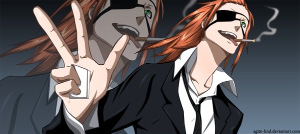 Anime picture 1500x673 with dogs: bullets & carnage david production badou nails aagito single long hair simple background brown hair wide image green eyes coloring smoke smoking boy necktie tongue eyepatch cigarette