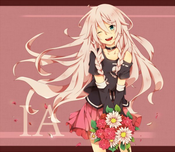 Anime picture 1500x1305 with vocaloid ia (vocaloid) single long hair looking at viewer open mouth holding pink hair braid (braids) one eye closed aqua eyes wink off shoulder twin braids happy girl skirt flower (flowers) petals rose (roses)