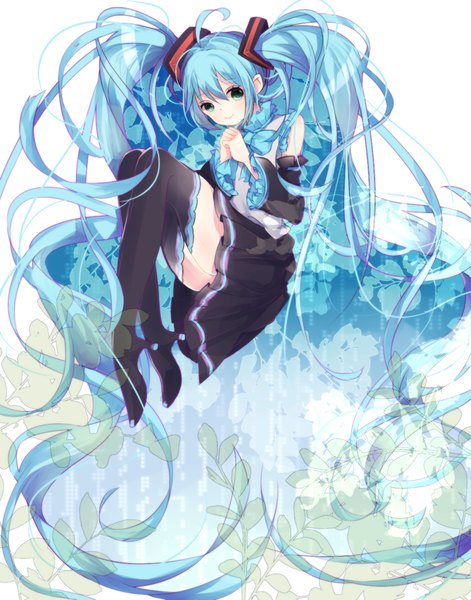 Anime picture 1100x1400 with vocaloid hatsune miku motsuni (lxxe1120) single tall image smile twintails green eyes blue hair looking away ahoge very long hair pleated skirt weightlessness girl skirt plant (plants) detached sleeves thigh boots
